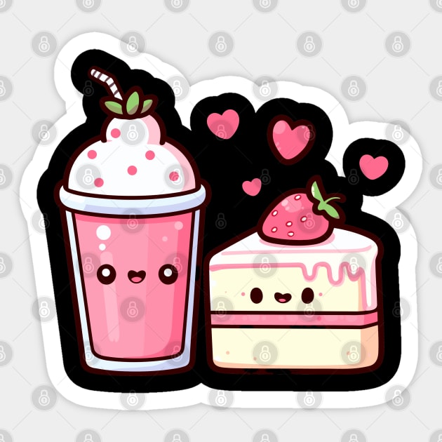 Kawaii Strawberry Milkshake and Strawberry Cake with Hearts | Kawaii Lovers Design Sticker by Nora Liak